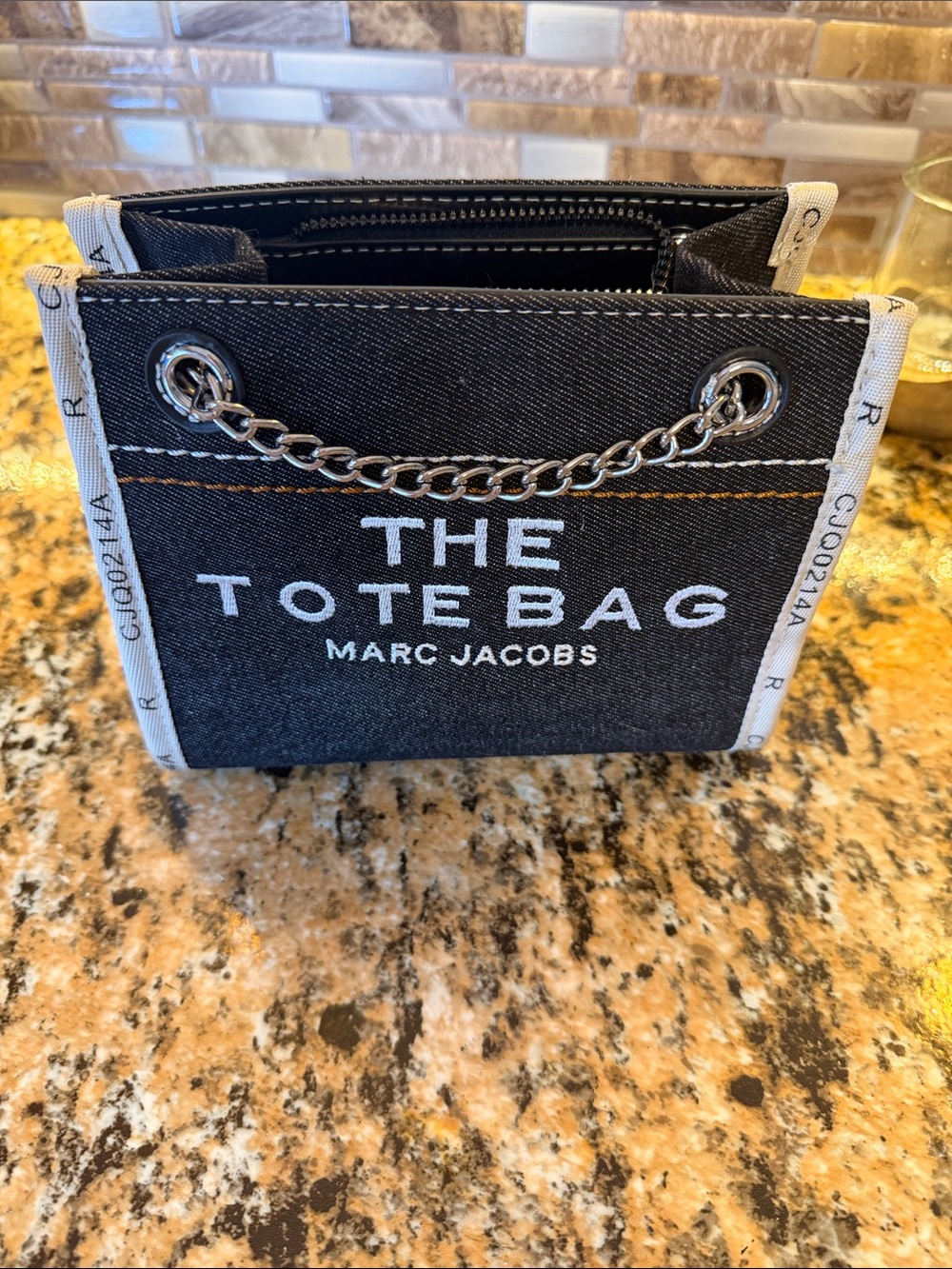 Marc Jacobs Black Canvas 'The Tote Bag' Mini with White Trim and Silver Chain